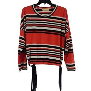 How Very Loved Womens Red Black Striped Long Sleeve Cinch Side Tie Top Medium